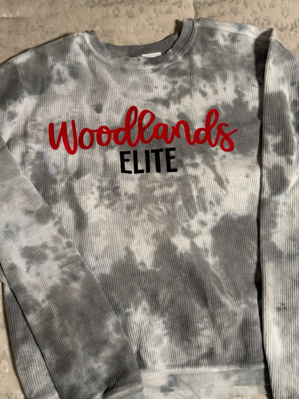 Varsity Woodlands Elite Gray Tie-Dye Sweatshirt with Red & Black Logo
